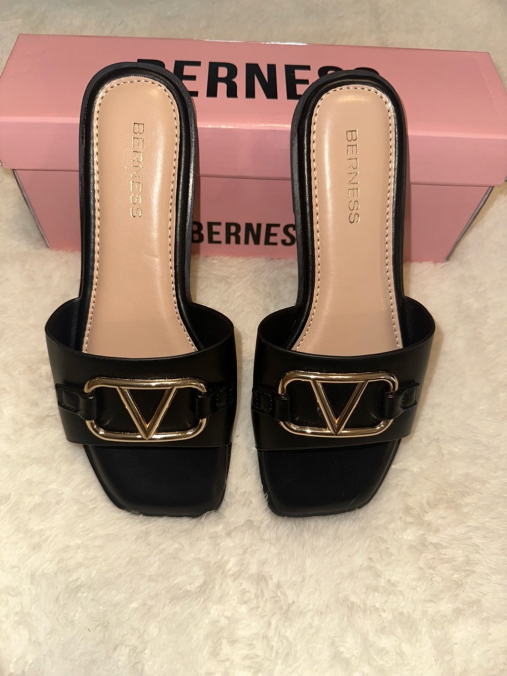 NWT Black Slide Sandals with Gold Accent - Picture 2 of 6